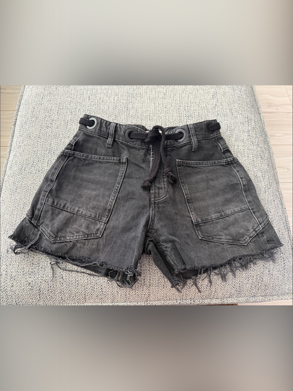 We The Free Black Frayed Drawstring Denim Shorts